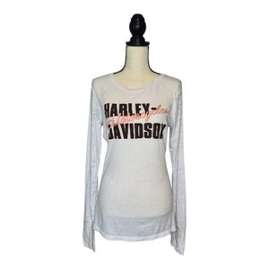 Harley-Davidson Top White Long Burnout Sleeves Graphic Logo Front Back Womens XL